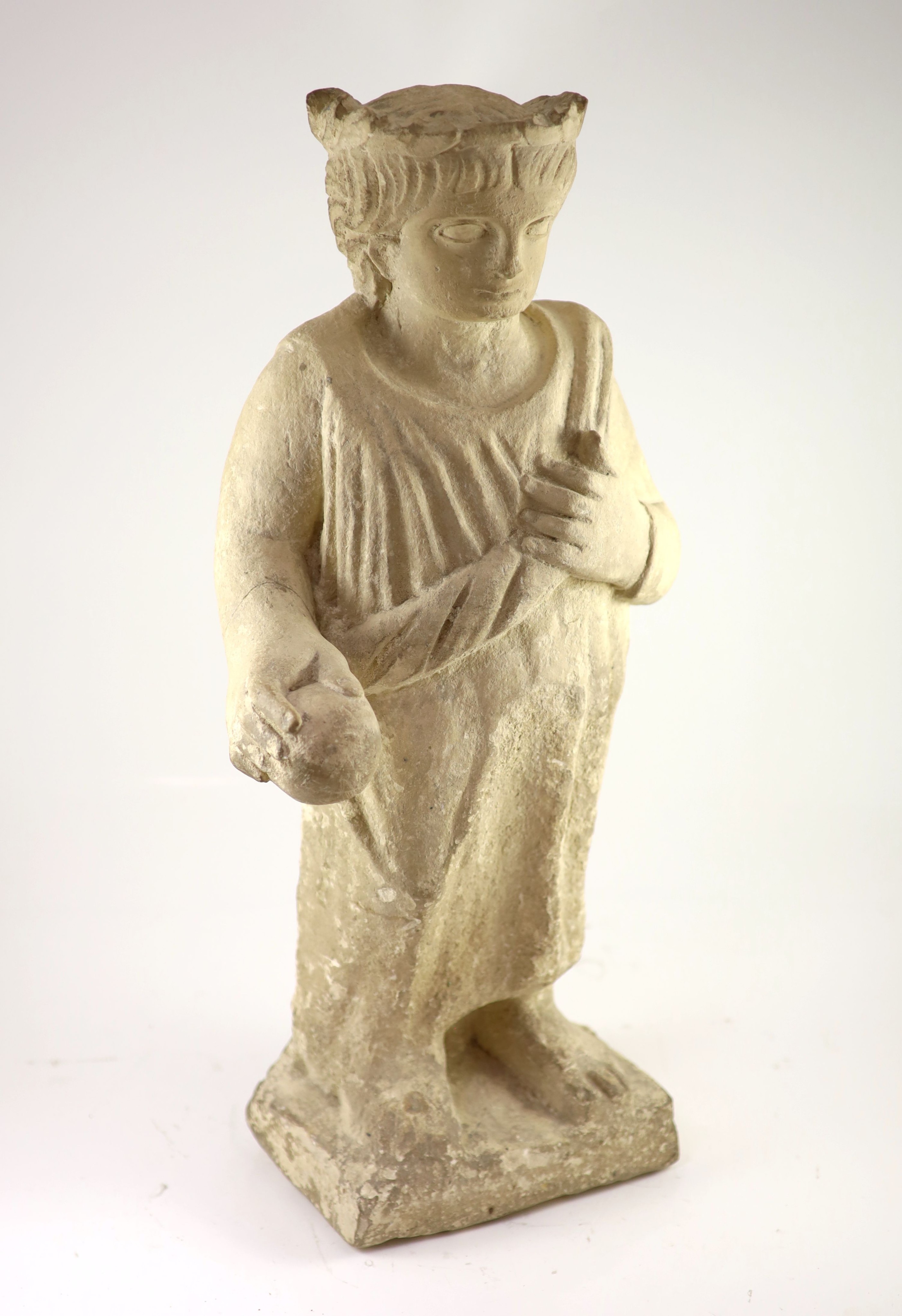 A Cypriot carved limestone Votive figure of a Goddess, 7th century B.C., H 65cm. W 32cm. D 18cm.